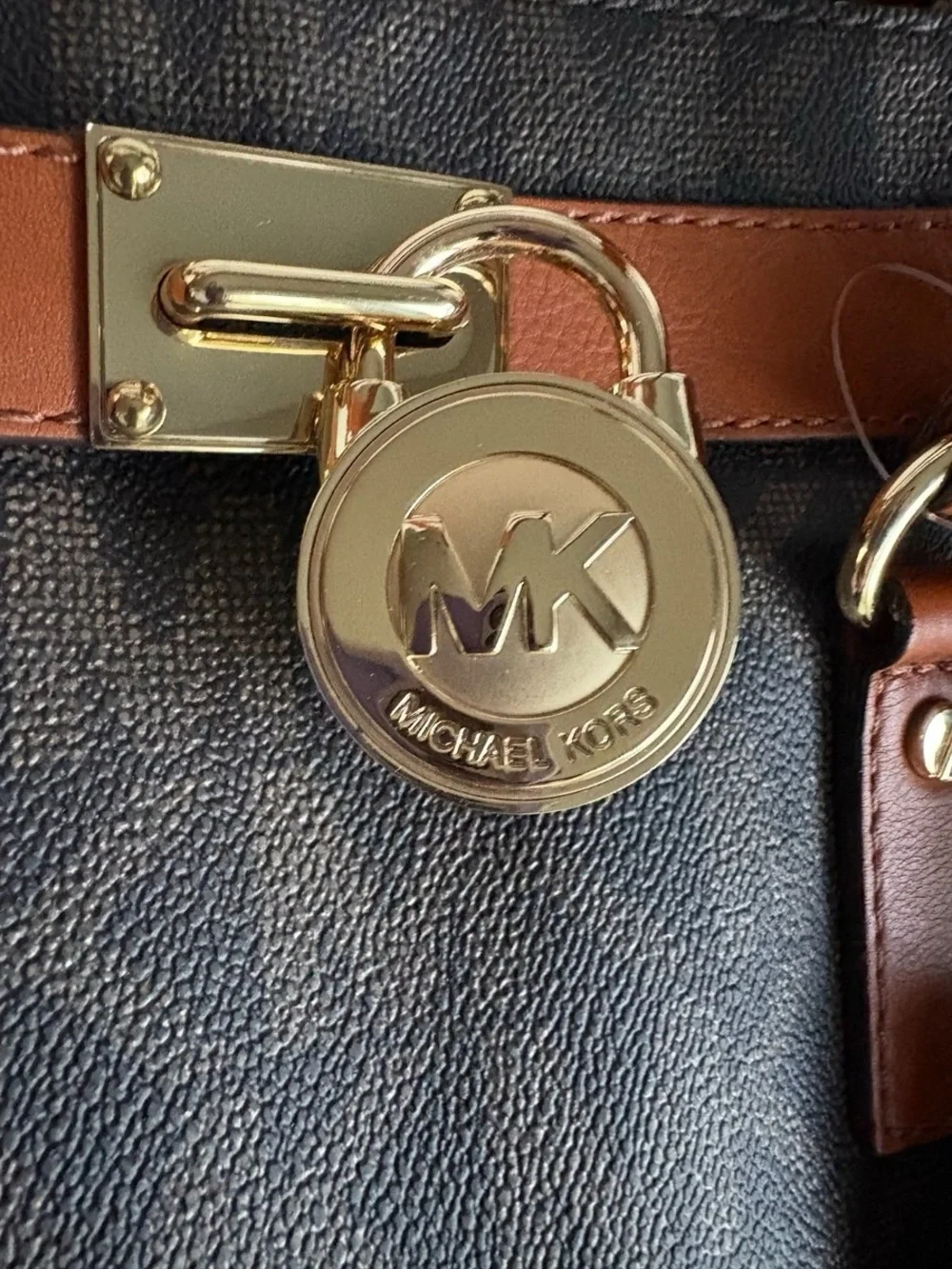 Michael Kors Brown Monogram Satchel with Tan Trim and Gold Hardware